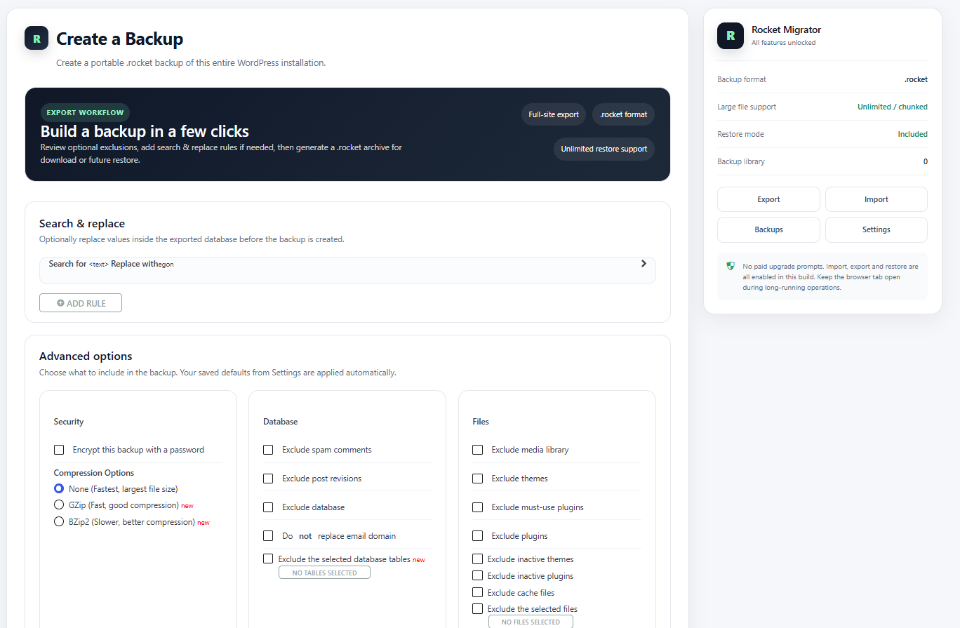 Rocket Migrator: esportazione e opzioni del backup