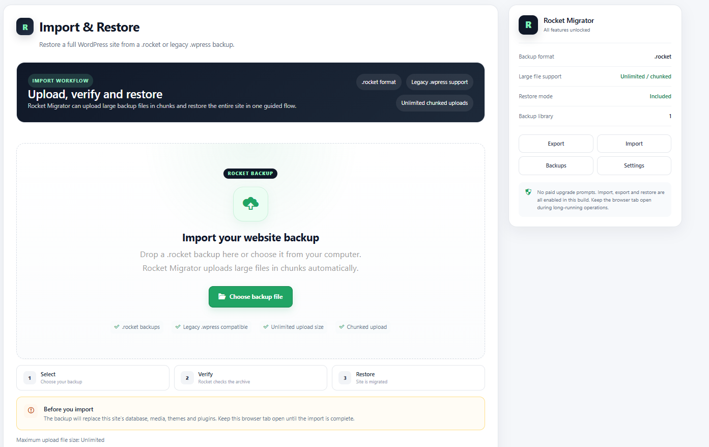 Rocket Migrator: importazione, verifica e ripristino