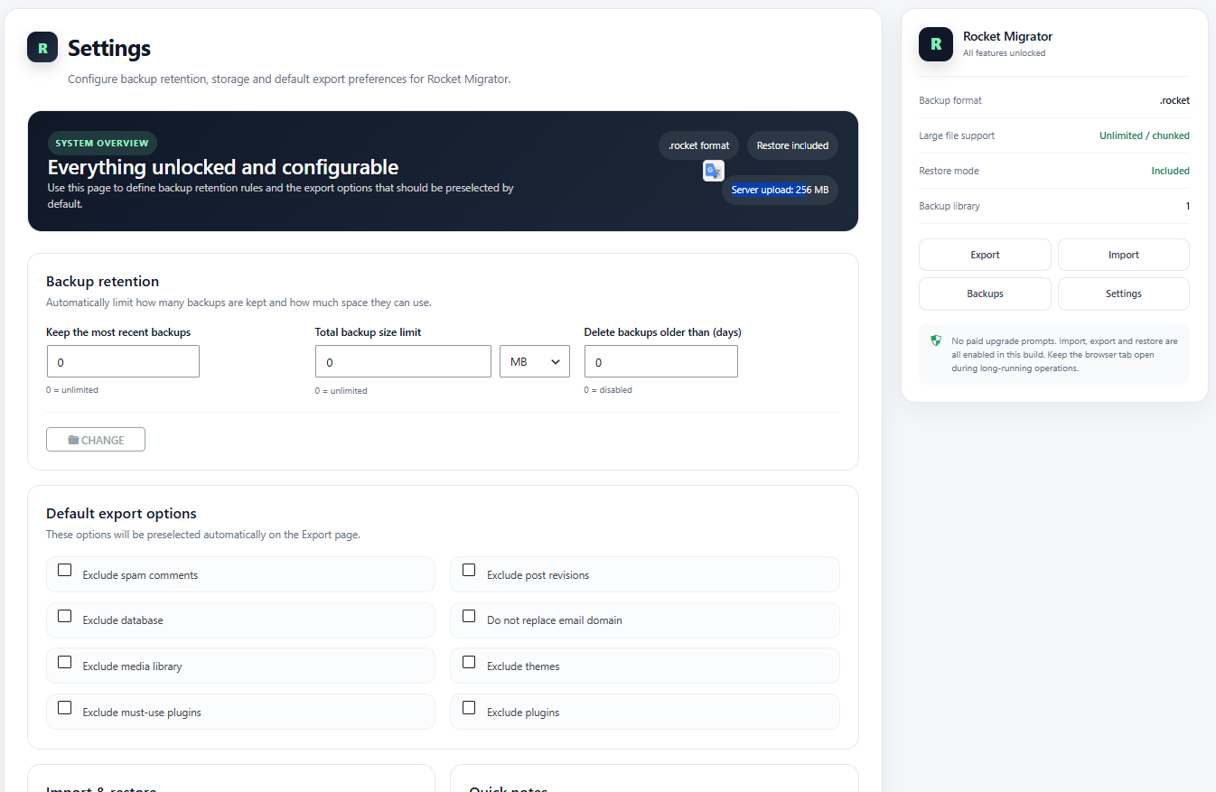 Rocket Migrator: impostazioni e conservazione backup