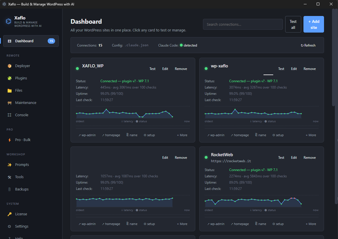 Xaflo desktop — siti collegati e stato delle connessioni