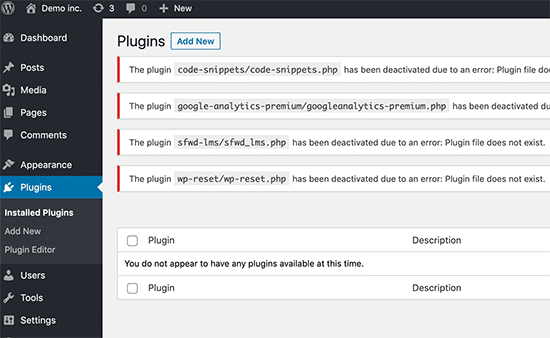 Plugin di WordPress disattivati