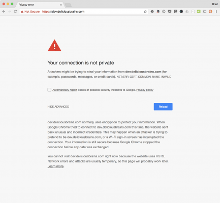 Screenshot del browser Chrome con errore di privacy