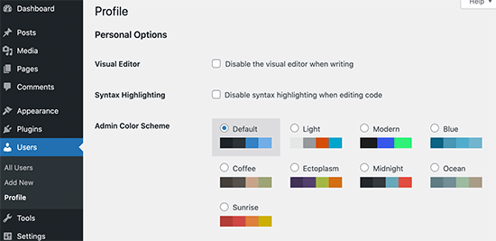 Tavolozze di schemi di colori dell'amministratore in WordPress