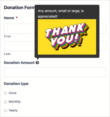 Un suggerimento visualizzato sopra il campo denominato "Importo donazione".  Il tooltip dice "Qualsiasi importo, piccolo o grande, è apprezzato" e include un grafico con le parole "grazie".